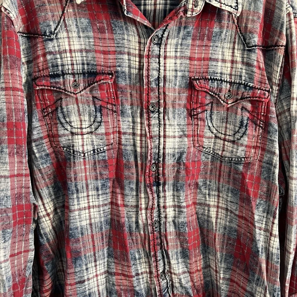 True Religion Western Shirt Men's Size 3XL Red Blue Plaid Long Sleeve Button UP